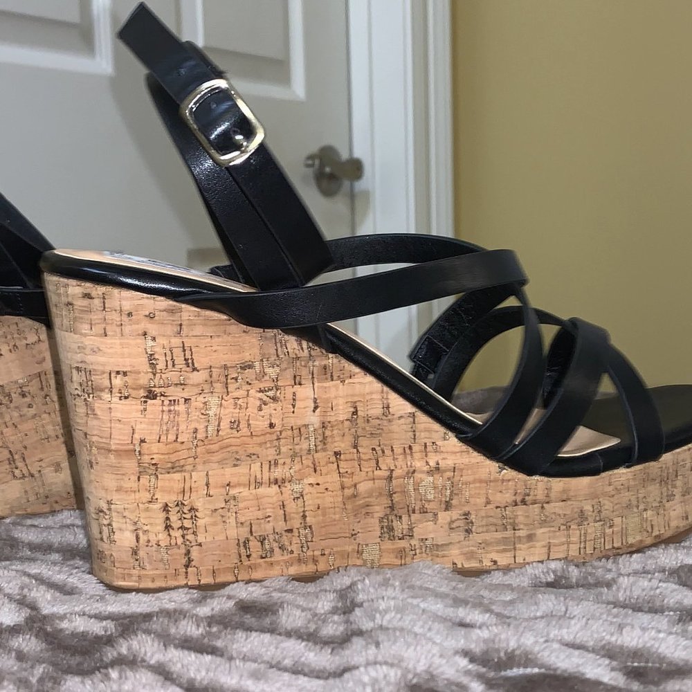 NEW Black TOP MODA Strappy Cork Wedge Shoes, Size 8